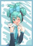  1girl ;d absurdres animal_on_shoulder aqua_hair aqua_necktie blue_bow blush bow breasts cinnamiku detached_sleeves double_bun ear_bow folded_twintails hair_bun hatsune_miku headphones highres medium_hair necktie one_eye_closed sanrio small_breasts smile tied_ears tuya_yuanwang updo upper_body v vocaloid 