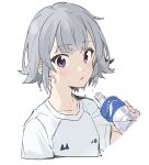  1girl bottle cevio commentary cropped_torso grey_hair highres holding holding_bottle koharu_rikka looking_at_viewer parted_lips purple_eyes shirt short_hair simple_background sketch solo sweat synthesizer_v teshima_nari upper_body white_background white_shirt 