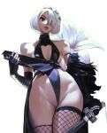  1girl alternate_costume asymmetrical_sleeves black_dress black_gloves breasts cameltoe cleavage cleavage_cutout clothes_lift clothing_cutout contrapposto dress elbow_gloves emil_(nier) english_commentary fingerless_gloves fishnet_legwear fishnets floral_background gloves grey_eyes grey_hair groin hair_over_one_eye halter_dress halterneck heart_cutout highres holding holding_sword holding_weapon katana lips mask mask_on_head mole mole_under_mouth neesorin nier_(series) nier_automata no_blindfold pelvic_curtain pelvic_curtain_lift photo-referenced revealing_clothes sash short_hair sidelighting small_breasts solo sword thighhighs virtuous_contract weapon yorha_no._2_type_b 