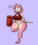 accessory amy_rose anthro big_breasts bracelet breasts camel_toe choker claws cleavage clothed clothing dialogue eulipotyphlan eyelashes female fur gloves green_eyes hair_accessory hairband hammer handwear head_tuft hedgehog hi_res holding_hammer holding_object holding_tool holding_weapon jewelry mammal navel necklace on_one_leg open_mouth open_smile panties pink_body pink_fur purple_background red_clothing red_topwear satsuki_supreme sega sharp_claws simple_background smile solo sonic_the_hedgehog_(series) speech_bubble standing talking_to_viewer tan_body tan_fur text thick_thighs tools topwear tuft underwear weapon white_clothing white_gloves white_handwear white_panties white_underwear wide_hips