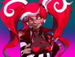  1girl absurdres anubis85816 breasts colored_sclera crossed_arms demon demon_girl hazbin_hotel highres looking_at_viewer medium_breasts multicolored_hair pink_hair red_sclera solo twintails two-tone_hair velvette_(hazbin_hotel) 