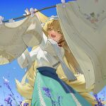  1girl animal_ears aqua_hairband aqua_skirt arknights blonde_hair blue_sky bug butterfly character_print clothes_pin clothesline drying drying_clothes flower fox_ears fox_girl fox_tail frilled_hairband frills green_eyes hair_between_eyes hairband heixiu highres lavender_(flower) long_hair long_skirt long_sleeves looking_at_viewer multiple_tails neck_ribbon official_alternate_costume open_mouth outdoors purple_flower red_ribbon ribbon shirt skirt sky solo standing suyi-j suzuran_(arknights) suzuran_(spring_praise)_(arknights) tail teeth upper_teeth_only very_long_hair white_shirt 