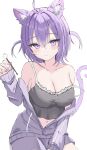  1girl absurdres ahoge animal_ear_fluff animal_ears black_shirt cat_ears cat_girl cat_tail highres hololive jacket medium_hair navel nekomata_okayu nekomata_okayu_(7th_costume) official_alternate_costume open_clothes open_jacket purple_eyes purple_hair purple_jacket purple_shorts shirt shorts smile solo tail tamamorh two_side_up virtual_youtuber white_background 