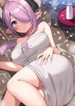  1girl ass bangs bare_shoulders blue_eyes blush breasts draph granblue_fantasy hair_over_one_eye highres horns large_breasts light_purple_hair long_hair looking_at_viewer narmaya_(granblue_fantasy) onsen pointy_ears smile solo suiroh_(shideoukami) thighs towel 