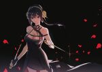  1girl bangs bare_shoulders black_dress black_gloves black_hair breasts cleavage dagger dress fingerless_gloves gloves gogatsu_fukuin gold_hairband hair_ornament knife large_breasts long_hair looking_at_viewer petals red_eyes sidelocks solo spy_x_family weapon yor_briar 