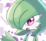  1girl a_(pixiv_72325308) blush bob_cut colored_skin commentary flat_chest gardevoir green_hair green_skin hair_over_one_eye hand_up happy highres light_blush looking_at_viewer multicolored_skin one_eye_covered open_mouth pink_eyes pokemon pokemon_(creature) portrait short_hair smile solo two-tone_skin waving white_skin 