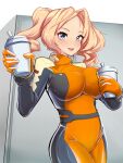  1girl blonde_hair blue_eyes bodysuit breasts cosplay drill_hair gloves gundam gundam_seed highres honolulu_(kancolle) impossible_clothes kantai_collection large_breasts long_hair orange_bodysuit orange_gloves pilot_suit red_eyes solo timosan twin_drills twintails 