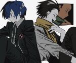  2boys black_jacket black_pants blue_eyes blue_hair closed_eyes closed_mouth collared_shirt gekkoukan_high_school_uniform hair_between_eyes highres jacket kyooooi1 long_sleeves male_focus mochizuki_ryouji multiple_boys multiple_views open_mouth pants parted_lips persona persona_3 scarf school_uniform shirt simple_background sitting yellow_scarf yuuki_makoto_(persona_3) 