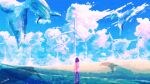  1girl aoi_minato_(aoiminato_ship) black_hair blue_sky chromatic_aberration cloud flying from_behind full_body highres hill light_particles original pants scenery shadow signature sky solo standing traditional_media whale wheat_field windmill 