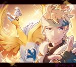  1boy alternate_color bird black_gloves blonde_hair closed_mouth commentary_request fingerless_gloves gloves grey_headband headband highres ho-oh ivory_(25680nico) jacket letterboxed male_focus morty_(pokemon) official_alternate_costume pokemon pokemon_(creature) pokemon_(game) pokemon_masters_ex shiny_pokemon short_hair smile sparkle 