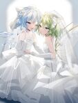  2girls ;d alternate_costume bangs bare_shoulders blue_eyes blue_hair blush bouquet bow bridal_gauntlets choker cirno daiyousei dress elbow_gloves flower gloves green_eyes green_hair hair_between_eyes hair_bow highres holding_hands ice ice_wings multiple_girls one_eye_closed open_mouth short_hair smile sorani_(kaeru0768) strapless touhou veil wedding_dress white_bow white_choker white_dress wings 