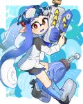  1girl black_shorts blue_background blue_hair blue_trim boots border bright_pupils commentary_request full_body gun head_wreath highres holding holding_gun holding_weapon inkling_girl inkling_player_character long_hair minawake_(azuma-m) open_mouth outside_border pointy_ears rapid_blaster_(splatoon) red_eyes short_shorts shorts signature solo splatoon_(series) splatoon_3 sticker tentacle_hair torpedo_(splatoon) weapon white_border white_pupils 
