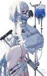  1girl absurdres artist_logo ass barcode belt blue_eyes blue_liquid breasts chest_strap crescent crutch from_side grey_hair highres id_card intravenous_drip iv_stand jacket lips long_hair muzzle navel original parted_lips skindentation straitjacket subong thighs very_long_hair white_belt white_jacket 