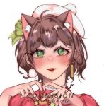  1girl animal_ear_fluff animal_ears beret blush bow brown_hair cat_ears commission earrings english_commentary english_text green_bow green_eyes hair_behind_ear hair_bow hat heart heart_hands highres jewelry kemonomimi_mode looking_up miori_celesta parted_lips portrait red_shirt shirt solo tsunderia virtual_youtuber white_headwear yomiha 
