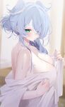  1girl blue_eyes blue_hair blue_nails blush breasts deyui dragon_girl elira_pendora eyebrows_hidden_by_hair from_side hair_over_one_eye heterochromia highres large_breasts long_hair looking_at_viewer naked_towel nijisanji nijisanji_en solo sweat sweatdrop tongue tongue_out towel virtual_youtuber watermark wet 