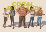  5boys absurdres beard boots character_request contrapposto coral_island facial_hair full_beard full_body highres leather_belt looking_at_viewer male_focus mark_(coral_island) mature_male multiple_boys muscular muscular_male pants partially_unbuttoned ranituran scarf short_hair side-by-side sideburns sleeves_rolled_up sparse_arm_hair standing thick_beard thick_eyebrows thick_mustache 