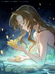  1girl aerith_gainsborough aerith_gainsborough_(white_floral_dress) artist_name bare_arms bare_shoulders breasts brown_hair cleavage closed_mouth commission dress dress_flower final_fantasy final_fantasy_vii final_fantasy_vii_rebirth flower gold_trim green_eyes half-closed_eyes highres holding holding_flower jewelry lily_(flower) lily_pad long_hair lying medium_breasts nauxii necklace official_alternate_costume on_stomach parted_bangs rose sidelocks signature smile solo strapless strapless_dress water wavy_hair white_dress yellow_flower yellow_rose 