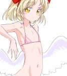  1girl armpits bikini blonde_hair blush_stickers closed_mouth collarbone commentary_request expressionless feathered_wings flat_chest gengetsu_(touhou) hairband navel pink_bikini red_hairband ribs s-a-murai short_hair skinny solo swimsuit touhou touhou_(pc-98) upper_body white_background white_wings wings yellow_eyes 