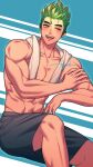 1boy bara black_shorts blush genji_(overwatch) green_hair highres large_pectorals looking_at_viewer male_focus muscular muscular_male nkraae one_eye_closed open_mouth overwatch overwatch_2 pectorals short_hair shorts simple_background smile solo topless_male towel towel_around_neck 