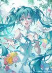  1girl aqua_eyes aqua_hair bare_shoulders bird breasts cowboy_shot dove dress falling_flower falling_petals flower hair_between_eyes hand_on_own_chest hatsune_miku highres long_hair medium_breasts music nauxii open_mouth orange_flower outstretched_hand petals pink_flower singing sleeveless sleeveless_dress smile solo twintails very_long_hair vocaloid white_dress white_flower wrist_cuffs yellow_flower 