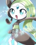  1girl a_(pixiv_72325308) arm_up asymmetrical_hair black_skin blue_background blue_eyes blue_gemstone colored_skin commentary_request earpiece flat_chest forehead_jewel gem green_hair hand_on_own_hip highres long_hair looking_at_viewer meloetta meloetta_(aria) motion_blur multicolored_skin open_mouth outstretched_arm pokemon pokemon_(creature) solo staff_(music) standing two-tone_skin very_long_hair white_skin 