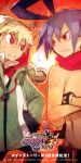  2boys absurdres angry antenna_hair blonde_hair blue_hair bow bowtie copyright_name demon_boy disgaea disgaea_rpg emizel_(disgaea) green_hoodie hair_between_eyes hands_in_pockets highres hood hoodie laharl logo looking_at_another male_focus multiple_boys nippon_ichi official_art red_bow red_eyes red_scarf scarf teeth toi8 topless_male 