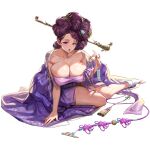 1girl blush breasts bursting_breasts chest_sarashi chinese_knot cleavage clothes_lift collarbone covered_nipples doughnut_hair_bun earrings family_crest floral_print full_body gem hair_bun hair_intakes hair_ornament hair_stick hanbok hand_on_ground highres huge_breasts jade_(gemstone) jewelry korean_clothes last_origin leaf_hair_ornament lemonade_alpha lipstick long_hair looking_at_viewer makeup mature_female mole mole_under_eye multiple_hair_buns official_alternate_costume official_art open_mouth panties panty_peek phoenix_print pink_lips pinkmill purple_hair purple_sash red_eyes red_gemstone sarashi sash see-through simple_background sitting skindentation socks solo stud_earrings tabi tachi-e thick_thighs thighs third-party_source tongue transparent_background underwear white_panties white_socks yokozuwari 