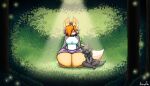 :3 anthro big_breasts black_body black_fur black_hair bottomwear breasts canid canine canis clothing crossed_legs digital_media_(artwork) duo eyes_closed female forest fox fur hair hair_over_eye jhenightfox julie_(jhenightfox) kneeling larger_female light male male/female mammal one_eye_obstructed orange_hair pink_bottomwear pink_clothing pink_shorts pixel_(artwork) plant rod_(r_96) romantic romantic_couple shirt short_hair shorts size_difference sleeping smaller_male tail tan_body tan_fur thick_thighs topwear tree white_clothing white_shirt white_topwear wide_hips wolf
