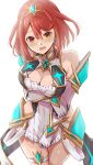  1girl absurdres arms_under_breasts bare_shoulders blush breasts chest_jewel cleavage_cutout clothing_cutout cosplay cowboy_shot dress earrings elbow_gloves gloves hair_between_eyes highres jewelry kenichiart large_breasts looking_at_viewer mythra_(xenoblade) mythra_(xenoblade)_(cosplay) open_mouth pyra_(xenoblade) red_eyes red_hair short_dress short_hair solo sweat white_background white_dress white_gloves xenoblade_chronicles_(series) xenoblade_chronicles_2 