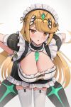  1girl :o alternate_costume bent_over blonde_hair blush breasts chest_jewel cleavage dress earrings enmaided eyebrows_visible_through_hair frilled_dress frills garter_straps gloves gonzarez hands_on_hips highres jewelry large_breasts leaning_forward long_hair maid maid_day maid_headdress mythra_(xenoblade) orange_eyes solo sweatdrop thighhighs tiara v-shaped_eyebrows white_gloves white_legwear xenoblade_chronicles_(series) xenoblade_chronicles_2 zettai_ryouiki 