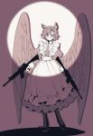  1girl animal_ear_fluff animal_ears apron boots bow bowtie cat_ears cross-laced_footwear dual_wielding feathered_wings full_body glasses gun highres holding holding_gun holding_weapon juliet_sleeves korean_commentary lace-up_boots long_sleeves looking_at_viewer low_wings maid maid_apron muj0 original puffy_sleeves rifle short_hair solo spotlight standing trigger_discipline wavy_hair weapon wings 