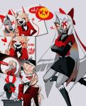  2girls black_thighhighs blonde_hair blush_stickers charlie_morningstar demon demon_girl hair_ribbon hazbin_hotel highres long_hair looking_at_viewer multiple_girls oc0oc00occ pink_ribbon ribbon skirt thighhighs vaggie white_hair 