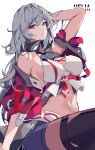 1girl absurdres bare_shoulders breasts character_name cleavage_cutout clothing_cutout collar grey_hair hand_in_own_hair helia_(honkai_impact) highres honkai_(series) honkai_impact_3rd large_breasts long_hair looking_at_viewer midriff navel open_mouth pink_eyes simple_background solo sparks_summer thighhighs very_long_hair white_background 