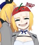  1girl blonde_hair dokibird_(vtuber) gloves green_eyes indie_virtual_youtuber jujutsu_kaisen long_hair long_sleeves looking_at_viewer open_mouth parody scene_reference simple_background smile solo teeth tomato twintails white_background yoako 