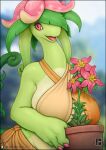 2024 anthro breasts claws clothing dinossom elemental_creature female flora_fauna flower front_view green_body hi_res looking_at_viewer open_mouth pal_(species) palworld plant red_eyes reptile scalie smile solo text url vader-san