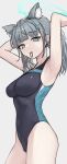  :3 absurdres animal_ear_fluff animal_ears black_one-piece_swimsuit blue_archive blue_eyes breasts commentary competition_swimsuit covered_navel cowboy_shot cross_hair_ornament extra_ears grey_hair guwall hair_ornament halo highres low_ponytail medium_breasts medium_hair mismatched_pupils mouth_hold multicolored_clothes multicolored_swimsuit official_alternate_costume one-piece_swimsuit rubber_band shiroko_(blue_archive) shiroko_(swimsuit)_(blue_archive) simple_background smile standing swimsuit white_background wolf_ears 