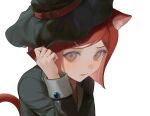  1girl :o animal_ears black_headwear black_jacket brown_eyes cat_ears cat_tail danganronpa_(series) danganronpa_v3:_killing_harmony gem hand_up hat jacket long_sleeves looking_at_viewer open_clothes open_jacket red_hair shiromo_ooo short_hair simple_background solo tail white_background witch_hat yumeno_himiko 