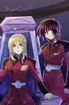  2boys black_hair blonde_hair blue_eyes gundam gundam_seed gundam_seed_destiny highres looking_at_viewer military_uniform multiple_boys red_eyes rey_za_burrel shinn_asuka sitting space throne uniform yuuka_seisen 