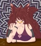 arthemis_(lukkylk) big_breasts big_tail blush blushing_at_viewer breasts canid canine cel_shading fangs female fox hair hi_res humanoid lineless looking_at_viewer lukkylk mammal nipple_outline red_fox red_hair shaded simple_background solo tail teeth yellow_eyes