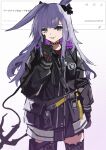  1girl akanbe animal_ears arknights black_footwear black_gloves black_jacket boots commentary eyelid_pull finger_to_eye gloves gradient_background grey_eyes hookshot jacket long_hair purple_background purple_hair rabbit_ears rabbit_girl rope_(arknights) simple_background skirt solo sun_showdmp thigh_boots thigh_pouch tongue tongue_out white_background white_skirt 