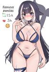  :o absurdres ass_visible_through_thighs bikini black_hair blue_bikini blue_collar blue_eyes blush cetacean_tail collar criss-cross_halter emoji english_commentary fins fish_tail grey_hair groin halterneck heart highres indie_virtual_youtuber leg_tattoo like_and_retweet long_hair looking_at_viewer meiwowowo meme multicolored_hair navel open_clothes pleading_face_emoji shylily skindentation streaked_hair sweat swimsuit tail tattoo thigh_strap twitter_strip_game_(meme) very_long_hair virtual_youtuber 