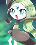  1girl a_(pixiv_72325308) arm_up asymmetrical_hair black_skin blue_eyes blue_gemstone blurry blurry_background colored_skin commentary_request earpiece flat_chest forehead_jewel gem green_background green_hair hand_on_own_hip highres long_hair looking_at_viewer meloetta meloetta_(aria) multicolored_skin open_mouth outstretched_arm pokemon pokemon_(creature) solo standing two-tone_skin very_long_hair white_skin 