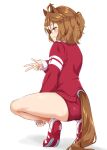  1girl absurdres animal_ears buruma commentary_request from_behind highres horse_ears horse_girl horse_tail jacket jungle_pocket_(umamusume) long_sleeves red_buruma red_footwear red_jacket ryochapu shoes simple_background sneakers solo squatting tail tracen_training_uniform umamusume v white_background yellow_eyes 