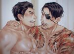  2boys arm_tattoo bara black_hair chest_tattoo clenched_teeth closed_eyes eyepatch facial_hair kiryu_kazuma large_pectorals majima_goro male_focus mogumogu_(563chan) multiple_boys muscular muscular_male nipples one_eye_covered open_mouth pectorals ryuu_ga_gotoku_(series) short_hair smile tattoo teeth yaoi 