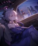  1girl black_horns blue_archive building car_interior cellphone city dangle_earrings demon_horns demon_wings dress earrings elbow_gloves evening_gown gloves halo highres hina_(blue_archive) hina_(dress)_(blue_archive) horns jewelry long_hair looking_at_viewer multicolored_halo multiple_horns necklace night official_alternate_costume official_alternate_hairstyle pantyhose pendant phone purple_dress purple_eyes purple_gloves purple_pantyhose purple_wings reeh_(yukuri130) smartphone solo strapless strapless_dress two-tone_halo white_hair wings 