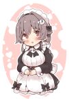  1girl alternate_costume black_dress black_hair blush breasts brown_eyes dress enmaided eyebrows_visible_through_hair hair_between_eyes hair_ornament hairclip heart jingei_(kancolle) kantai_collection large_breasts long_hair long_sleeves maid maid_headdress open_mouth smile solo suzuki_toto upper_body 