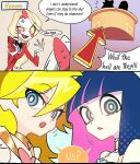  4girls blonde_hair blue_eyes charlie_morningstar crossover demon demon_girl eceeceeec hazbin_hotel highres long_hair looking_at_another looking_at_viewer multicolored_hair multiple_girls panty_&amp;_stocking_with_garterbelt panty_(psg) stocking_(psg) two-tone_hair vaggie 