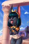 abyssalchimo anthro black_body black_fur blue_eyes breasts clothing domestic_cat exhibitionism eyeshadow felid feline felis female fur genitals green_hair hair hi_res jewelry long_ears makeup mammal misty_(shuffle_cats) nipples pussy shuffle_cats solo tent tongue tongue_out 