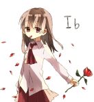  1girl ascot brown_hair copyright_name flower holding holding_flower ib ib_(ib) long_hair long_sleeves mashiro_hiro red_ascot red_skirt rose shirt simple_background skirt solo standing white_background white_shirt 