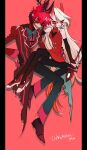  1boy 1girl alastor_(hazbin_hotel) arm_around_waist black_thighhighs blonde_hair cane charlie_morningstar colored_sclera commentary_request demon_girl demon_horns english_text formal frown glaring grin hand_on_another&#039;s_shoulder hazbin_hotel highres holding holding_cane horns k38-km long_hair official_alternate_costume red_background red_eyes red_hair red_sclera sharp_teeth short_hair sitting sitting_on_lap sitting_on_person smile suit teeth thighhighs 
